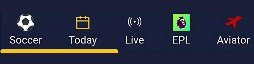 AccessBet Casino navigation icons for Soccer, Today’s games, Live matches, EPL, and Aviator