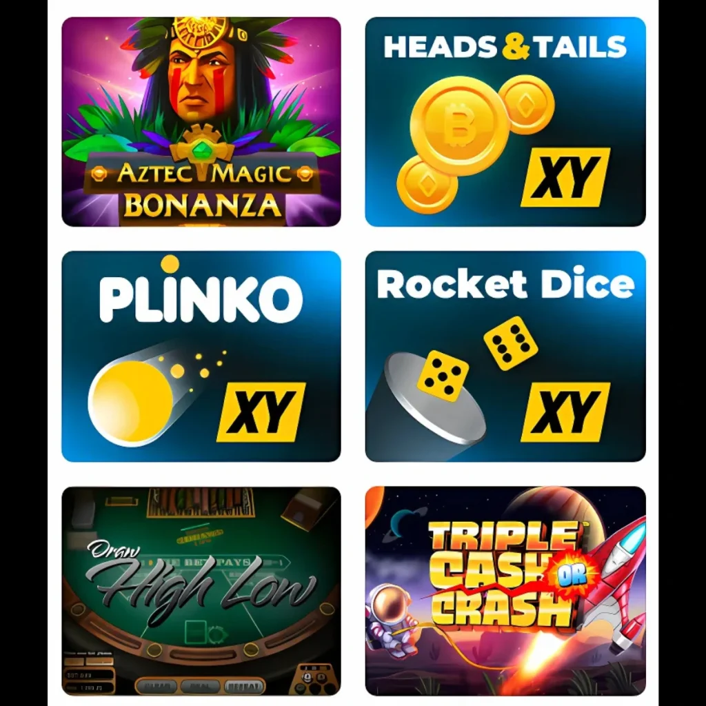  Aztec Magic Bonanza, Heads & Tails, Plinko, Rocket Dice, High Low, and Triple Cash or Crash.