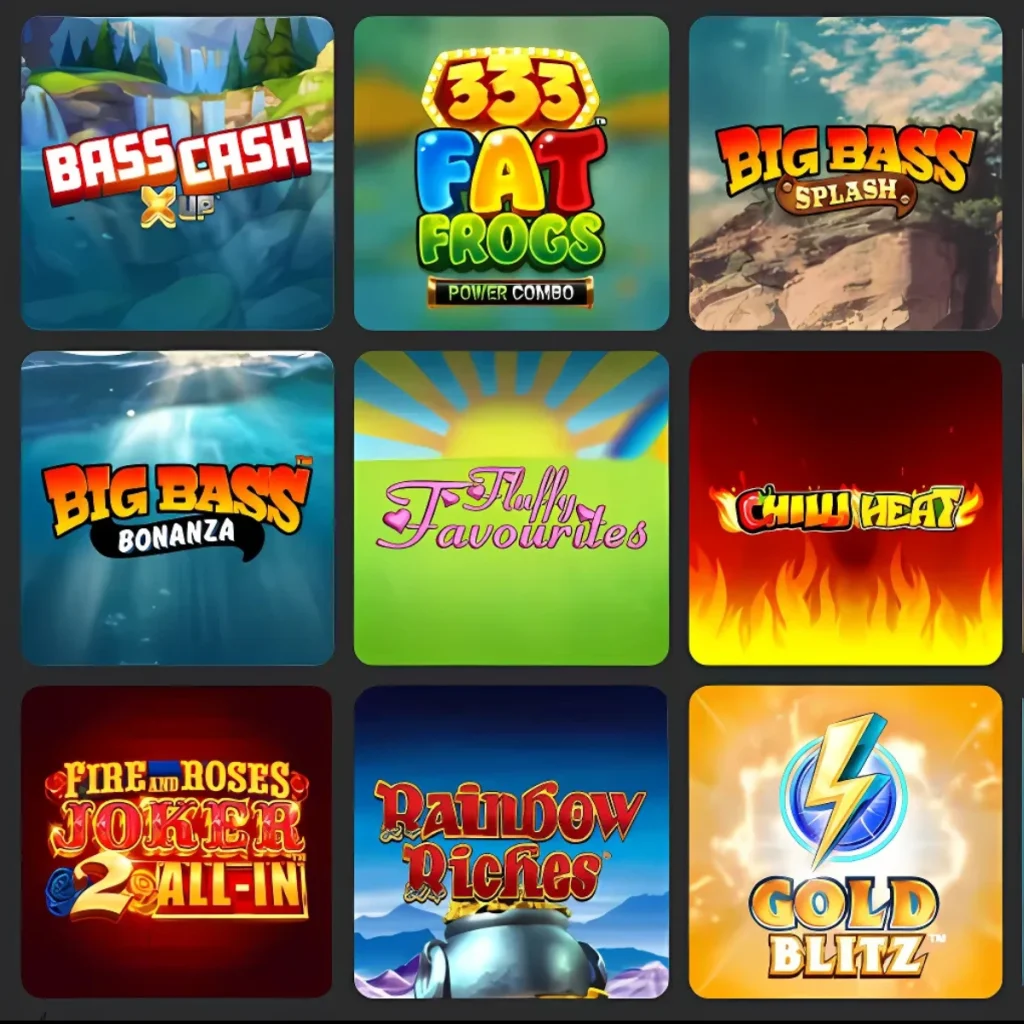 Grid of popular slot games at Ace Online Casino, including Big Bass Bonanza and Rainbow Riches