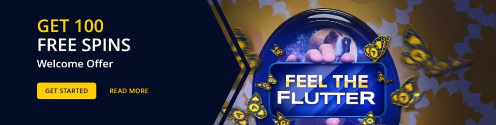 Admiral Casino promotion offering 100 free spins with 'Feel the Flutter' tagline