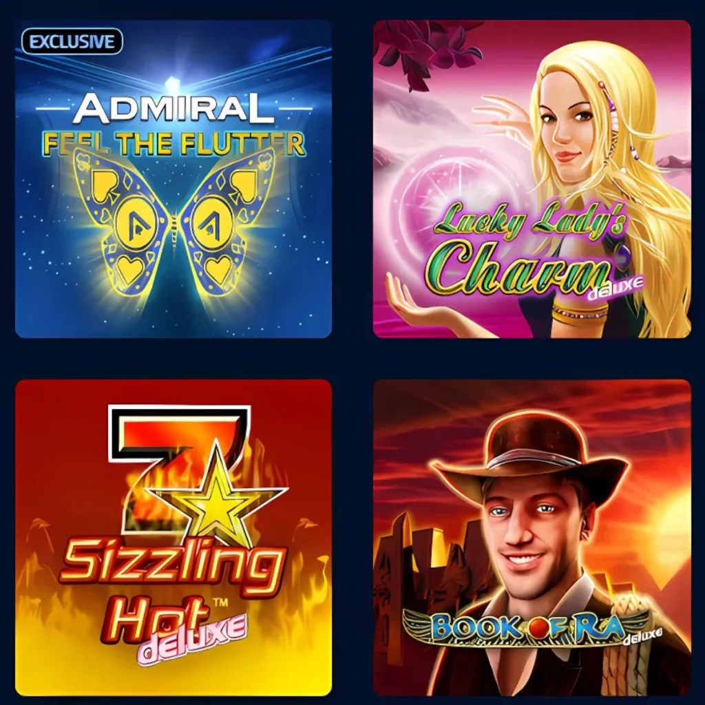 Admiral Casino games: Feel the Flutter, Lucky Lady's Charm, Sizzling Hot Deluxe, and Book of Ra