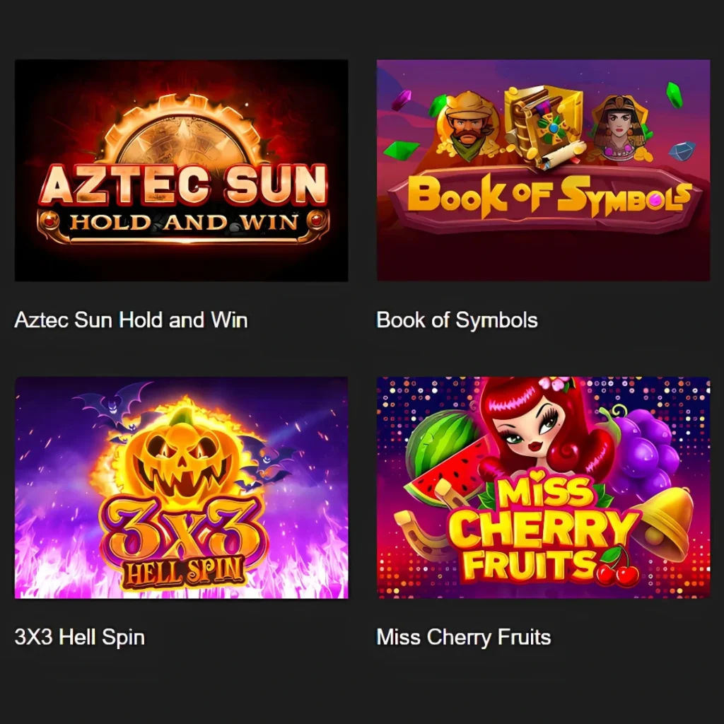 Admiral Shark Casino game selection: Aztec Sun, Book of Symbols, 3x3 Hell Spin, Miss Cherry Fruits