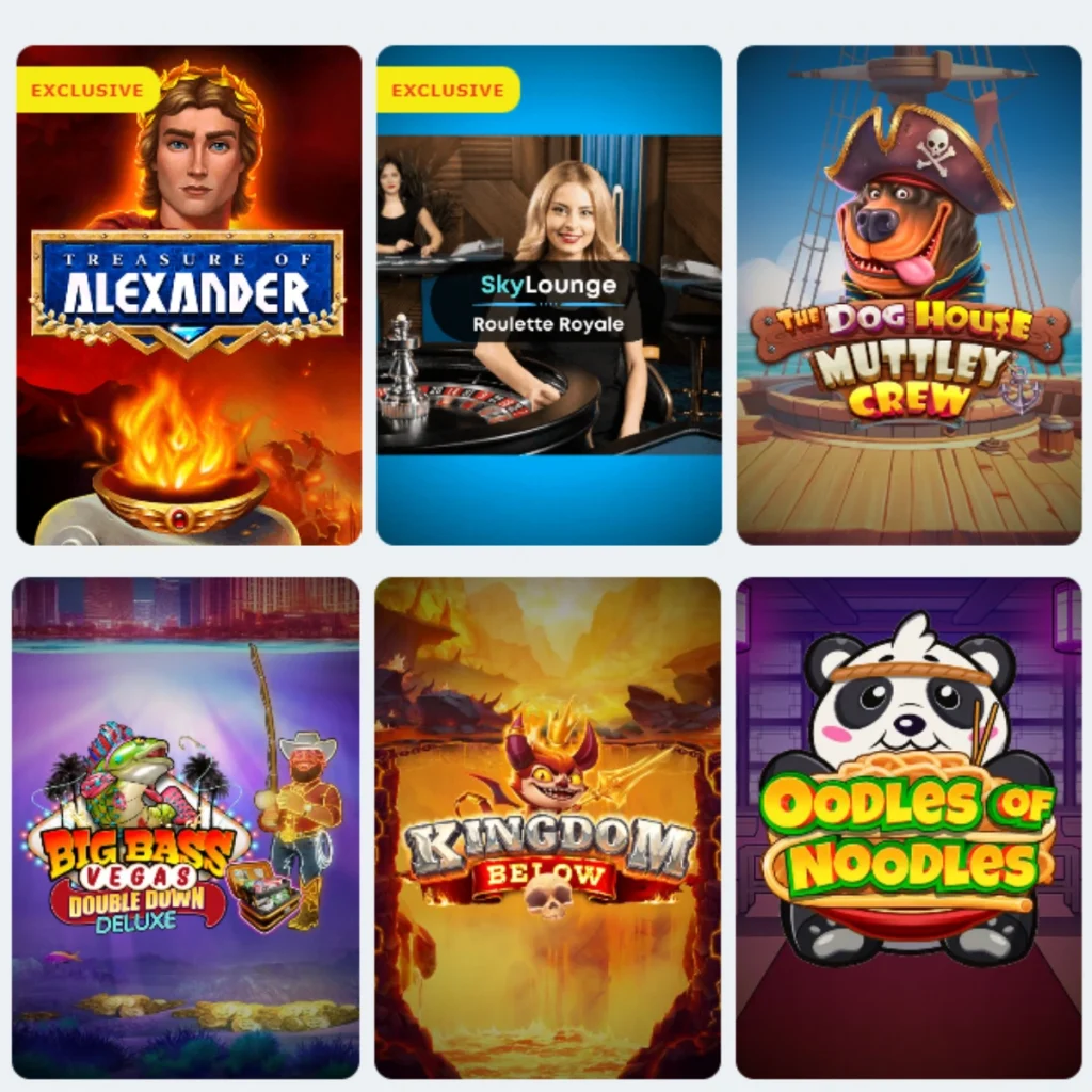 Selection of slot games and live roulette at Alexander Casino, including Treasure of Alexander