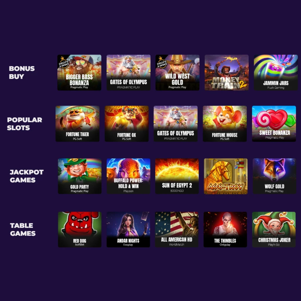 Alienbet's different types of casino games such are the bonus buys, popular slots, jackpot games andtable games.