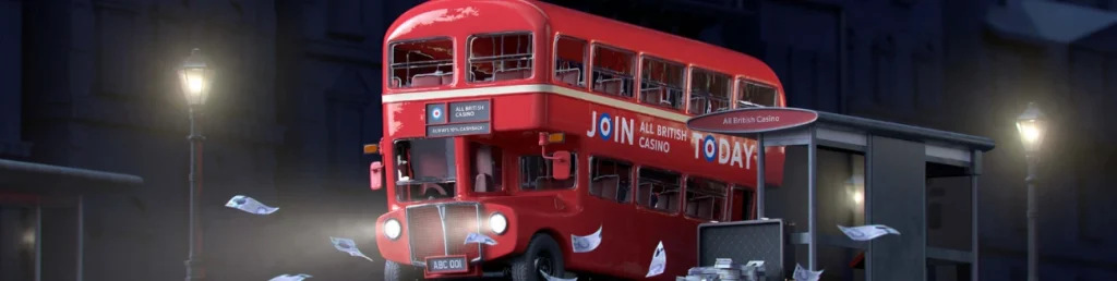 Red double-decker bus promoting All British Casino with cash floating in the air at a bus stop