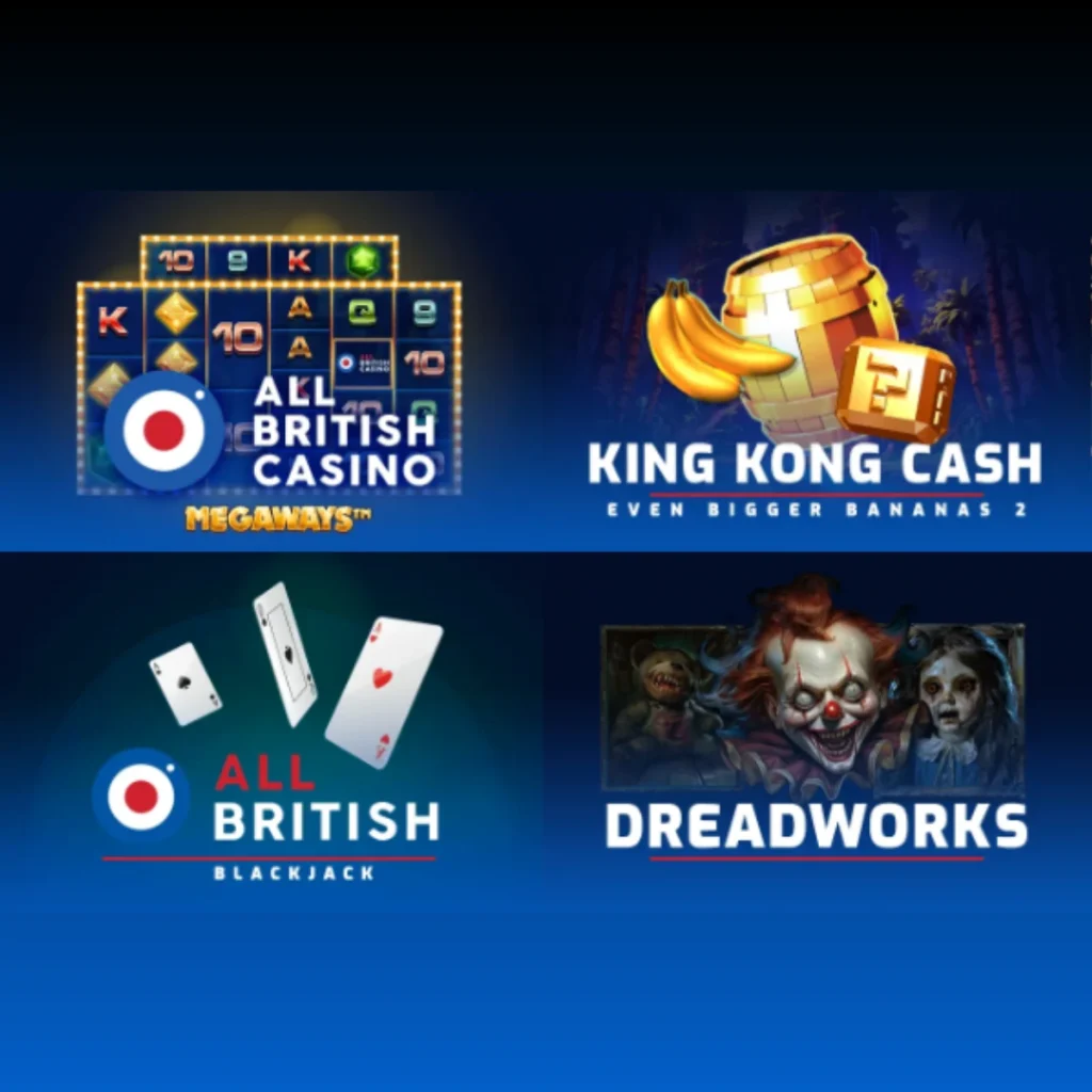 All British Casino game selection featuring Megaways, King Kong Cash, Blackjack, and Dreadworks.