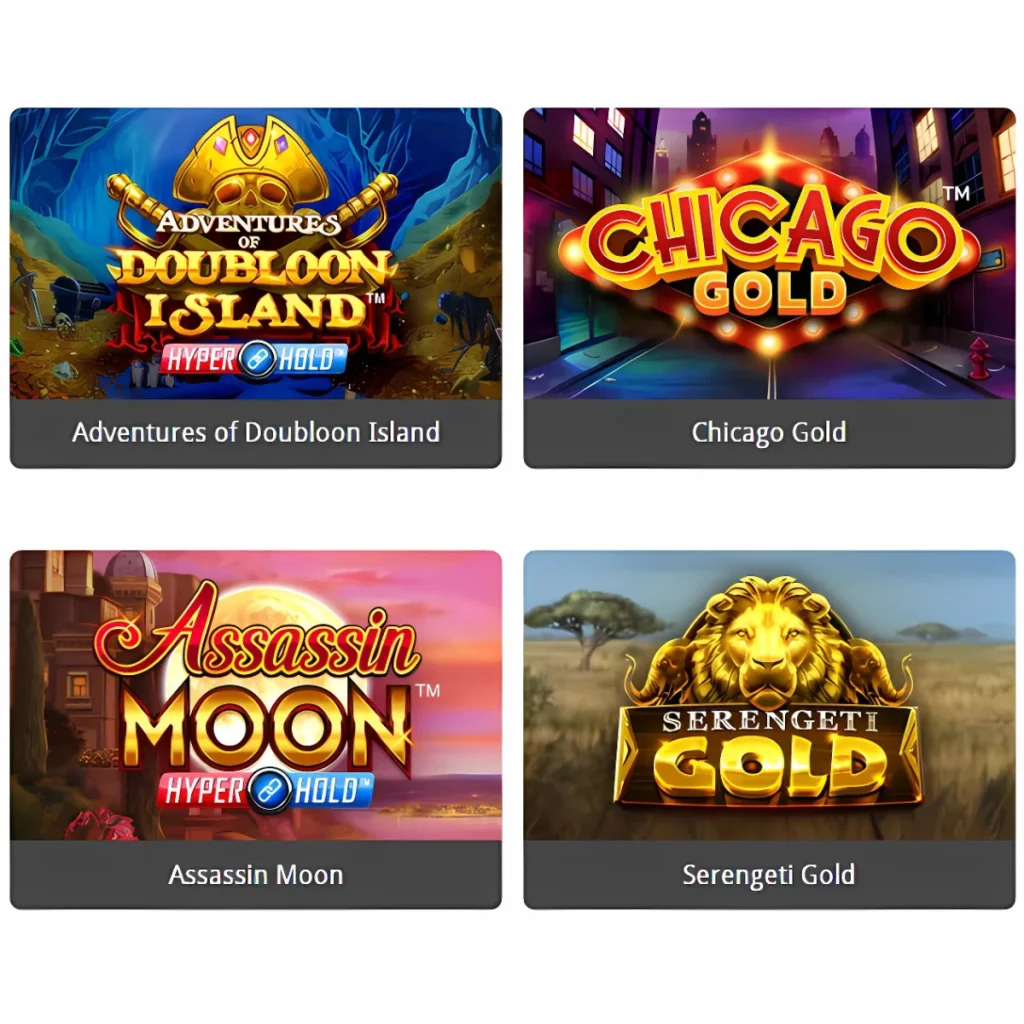 Adventures of Doubloon Island, Assassin Moon, Chicago Gold, and Serengeti Gold slots at All Jackpots Casino