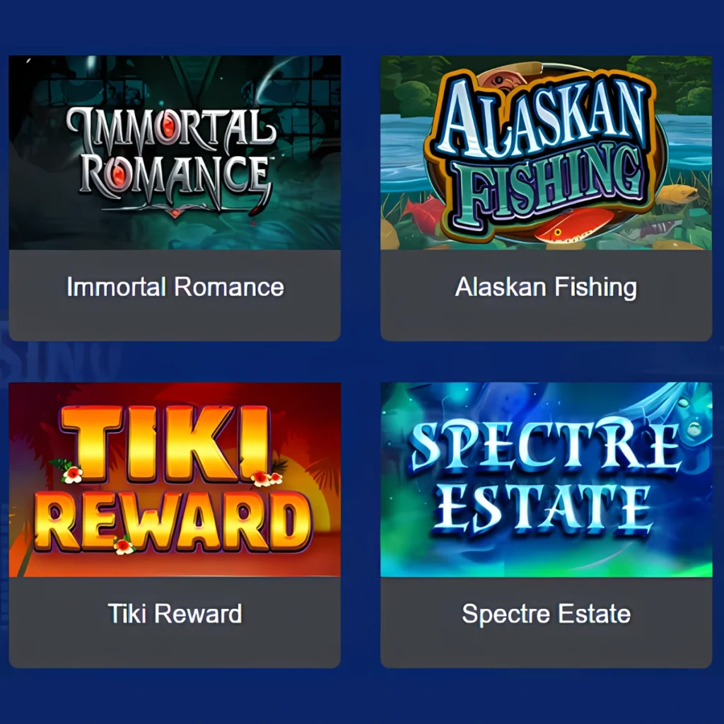 Popular slot games at All Slots Casino including Immortal Romance, Alaskan Fishing, Tiki Reward, and Spectre Estate