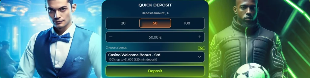 Quick deposit screen with casino and sports options