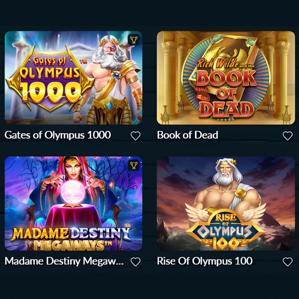 Casino games on AllSpins Casino with the titles: Gates of Olympus, Book of Dead, Madame Destiny, Rise of Olympus