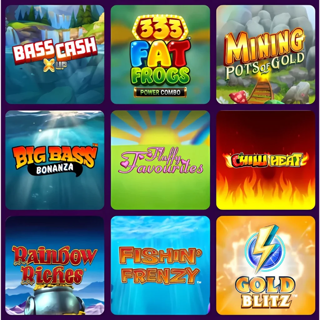 Slot games at All Star Games Casino, featuring Big Bass Bonanza and Gold Blitz