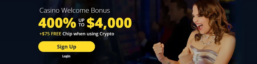 All Star Slots Casino welcome bonus offering 400% up to $4,000 plus $75 free chip with crypto