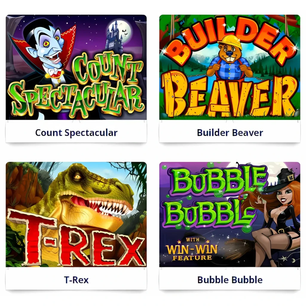 All Star Slots Casino featuring games like Count Spectacular, Builder Beaver, T-Rex, and Bubble Bubble