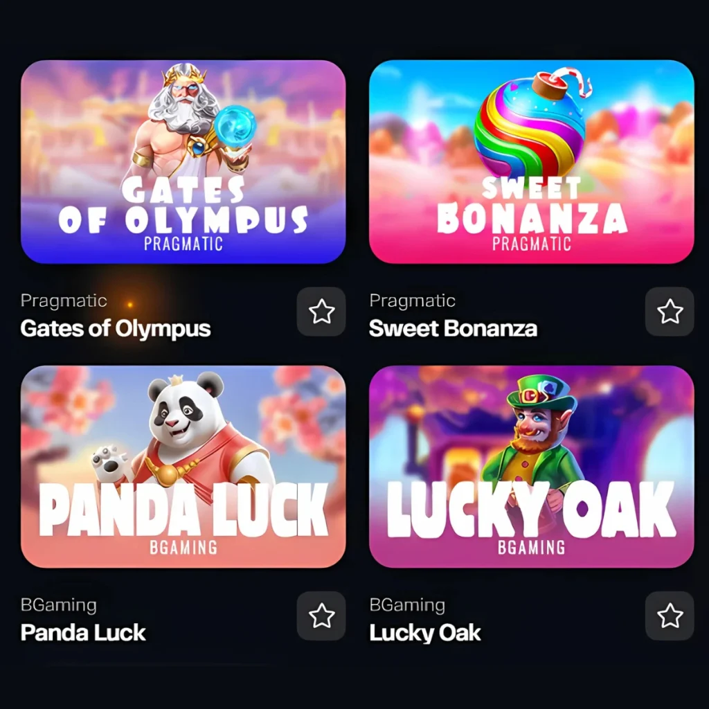 Slot games including Gates of Olympus, Panda Luck, and Sweet Bonanza