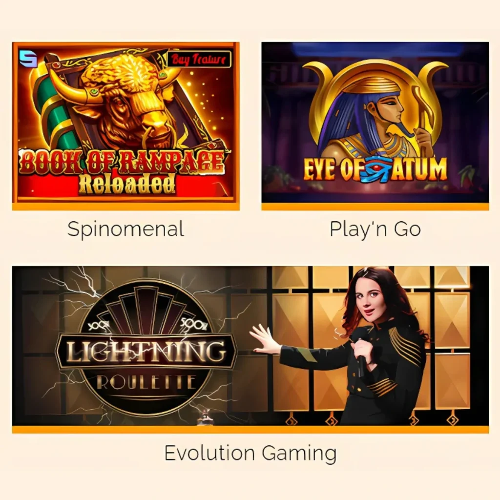 Popular games at Arlequin Casino: Book of Rampage, Eye of Atum, and Lightning Roulette.