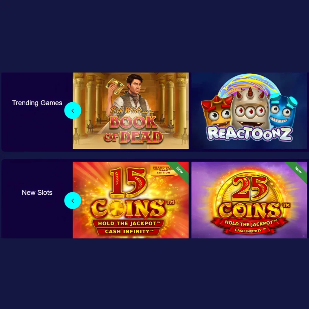 Art Casino game selection featuring Book of Dead, Reactoonz, 15 Coins, and 25 Coins