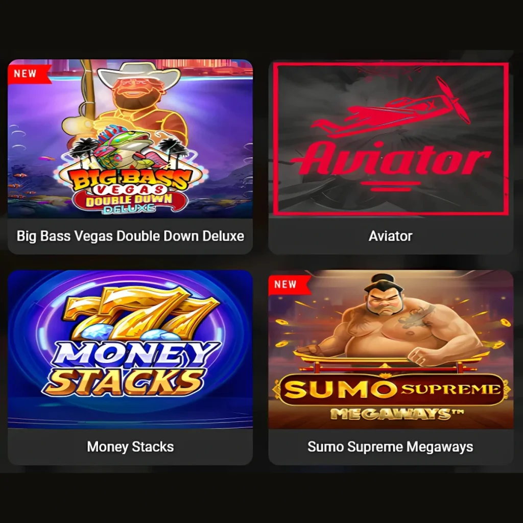 Aryanbet Casino game selection featuring Big Bass Vegas, Aviator, Money Stacks, and Sumo Supreme Megaways