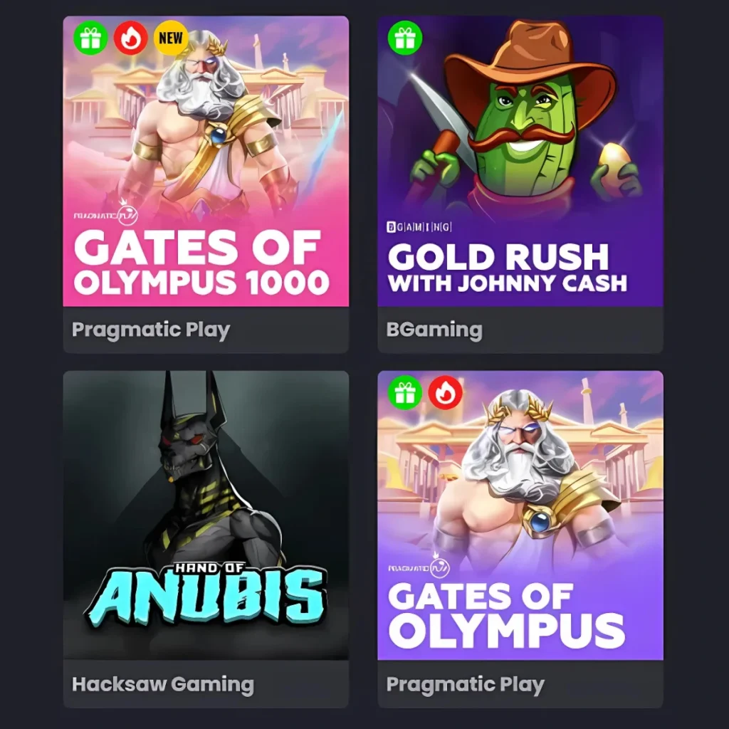 Asino Casino game selection featuring Gates of Olympus, Gold Rush, and Hand of Anubis