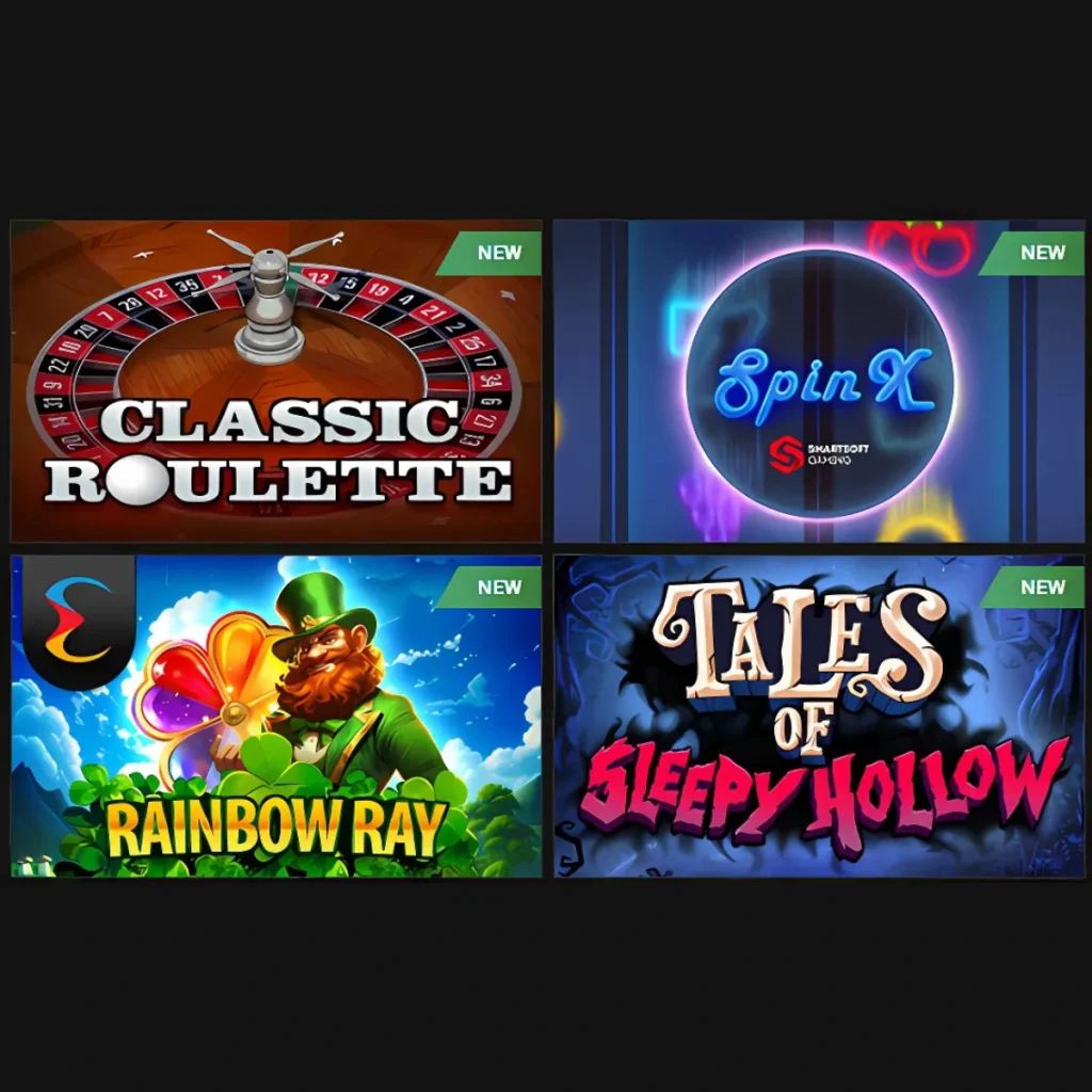 Astekbet Casino new game selection featuring Classic Roulette, SpinX, Rainbow Ray, and Tales of Sleepy Hollow