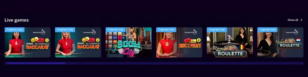 Astrajam Casino live games section with baccarat, Boom City, and roulette options