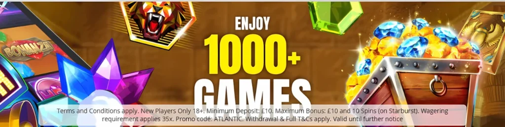 Atlantic Spins Casino promotion featuring 1000+ games with gems and treasure chest