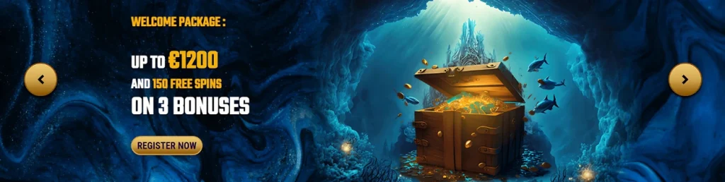 Atlantis Slots Casino welcome package promotion with treasure chest and underwater theme