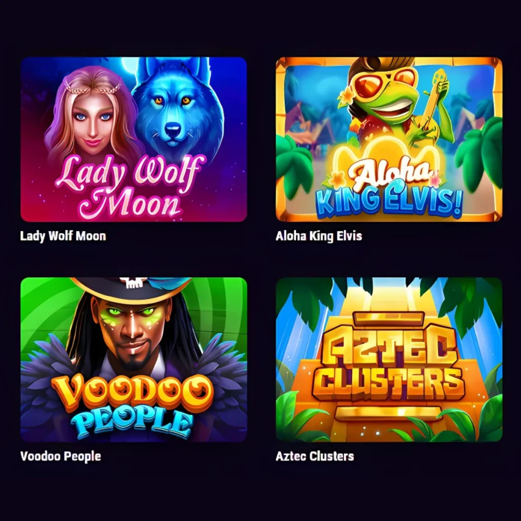 Atlantis Slots Casino game selection featuring Lady Wolf Moon, Aloha King Elvis, and Voodoo People