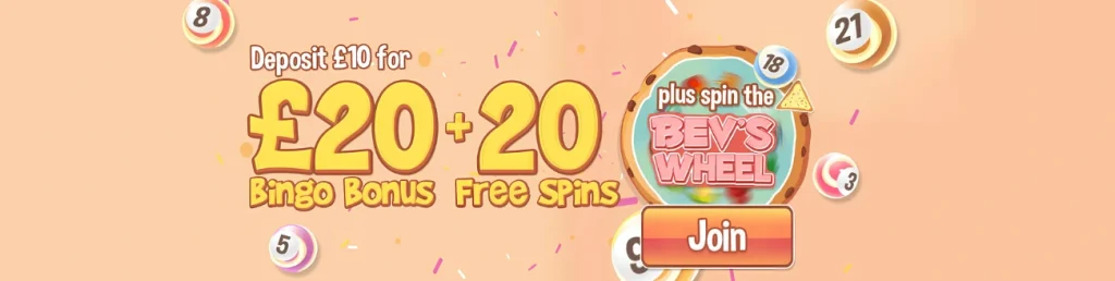 Aunt Bev's Casino promotion offering £20 bingo bonus and 20 free spins with Bev's Wheel.