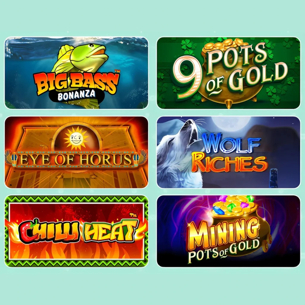 Aunt Bev's Casino game selection featuring Big Bass Bonanza, Eye of Horus, and Wolf Riches.