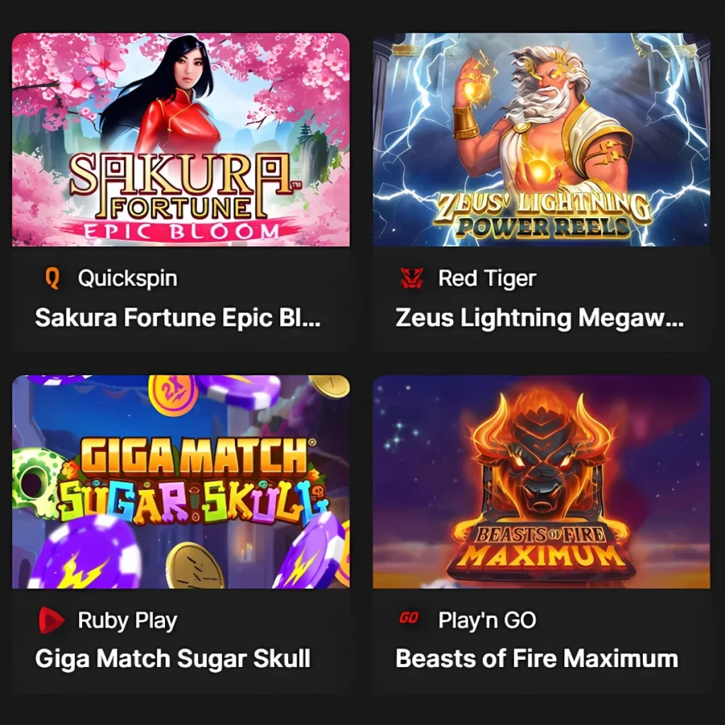 Aurora Casino game selection featuring Sakura Fortune, Zeus Lightning, and Beasts of Fire.