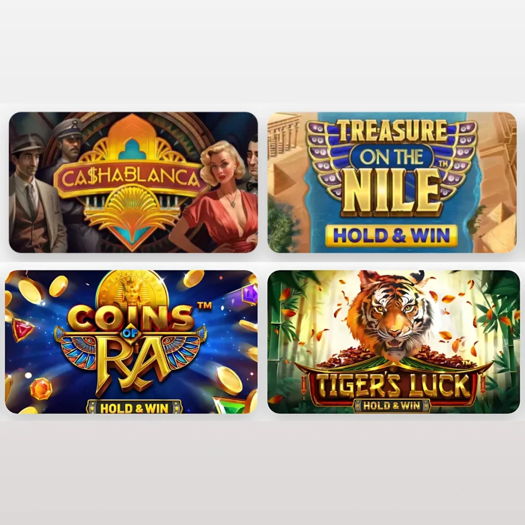 Selection of slot games like 'Casablanca' and 'Coins of Ra