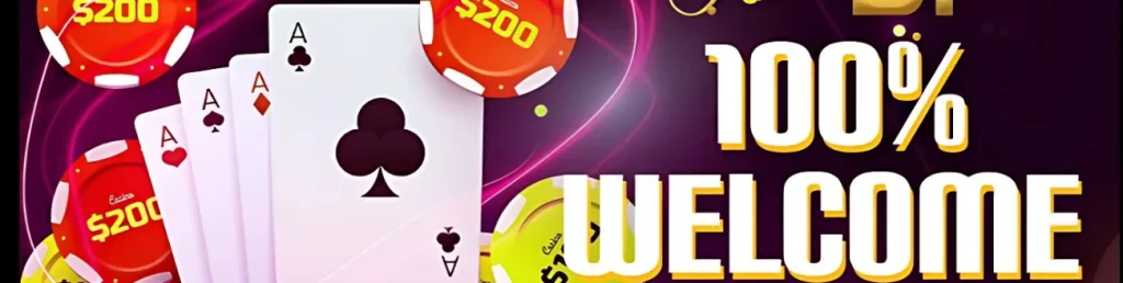 AussieBT Casino 100% welcome bonus with poker chips and cards.