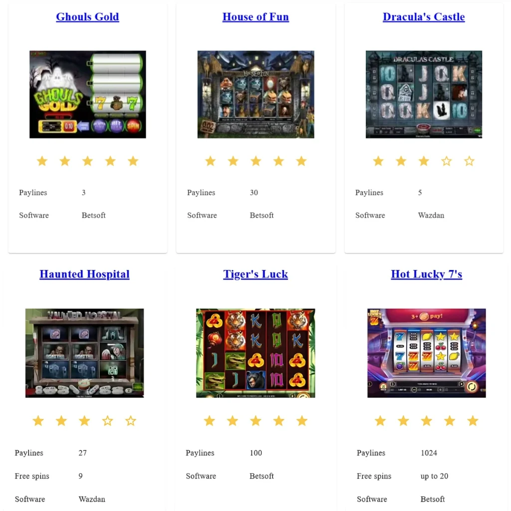 Axecasino slots collection including Ghouls Gold and Tiger's Luc