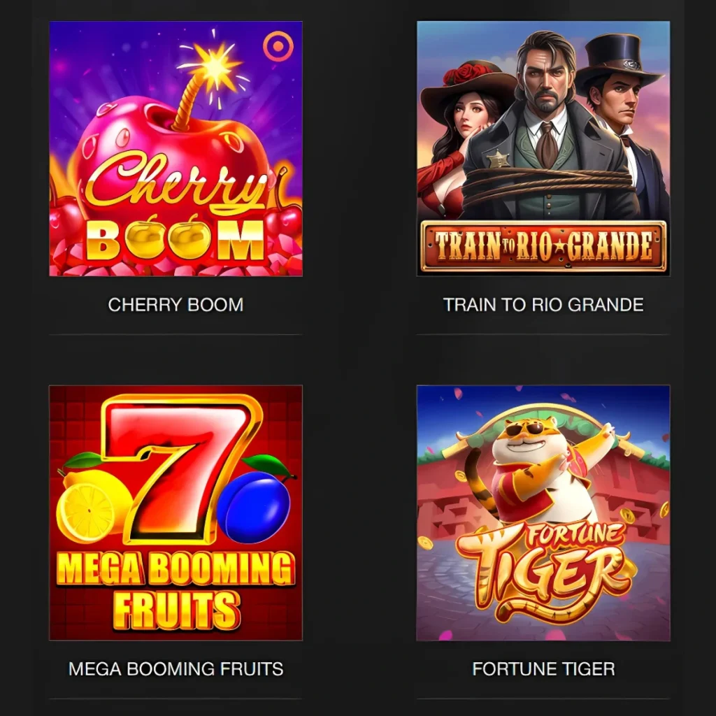 Popular slot games at Azino888 Casino, including Cherry Boom and Fortune Tiger