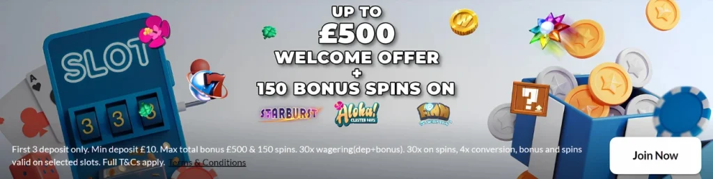 333 Casino welcome offer up to £500 and 150 bonus spins, featuring slot machines and games like Starburst and Aloha Cluster Pays.