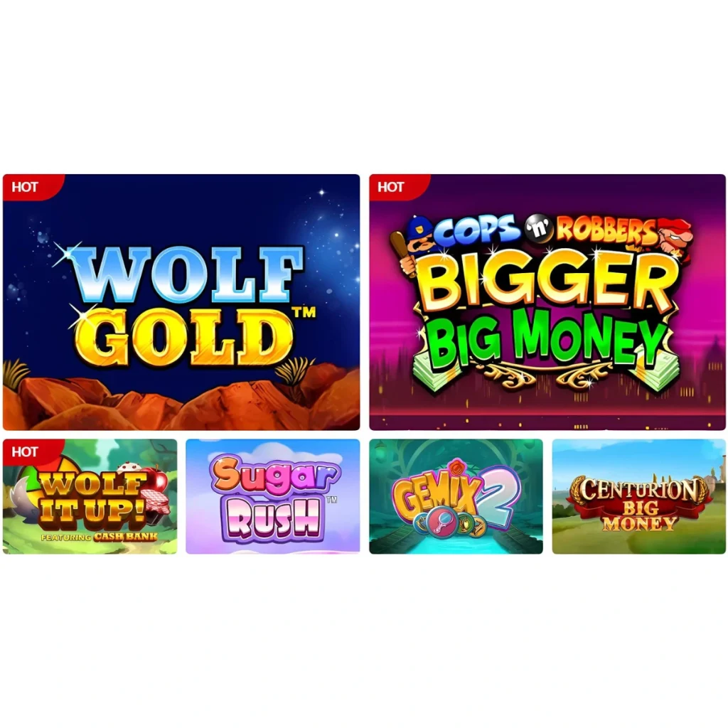 333 Casino game thumbnails featuring Wolf Gold, Cops 'n' Robbers Bigger Big Money, and Sugar Rush.