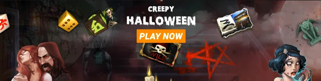 36Win Casino Creepy Halloween promotion with spooky characters and 'Play Now' button