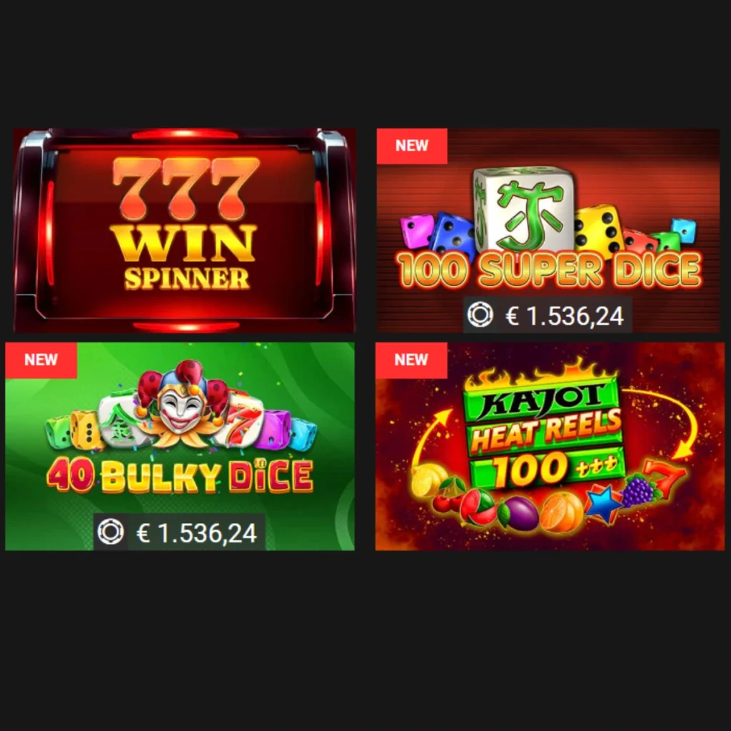 36Win Casino games: 777 Win Spinner, 100 Super Dice, 40 Bulky Dice, and Kajot Heat Reels 100