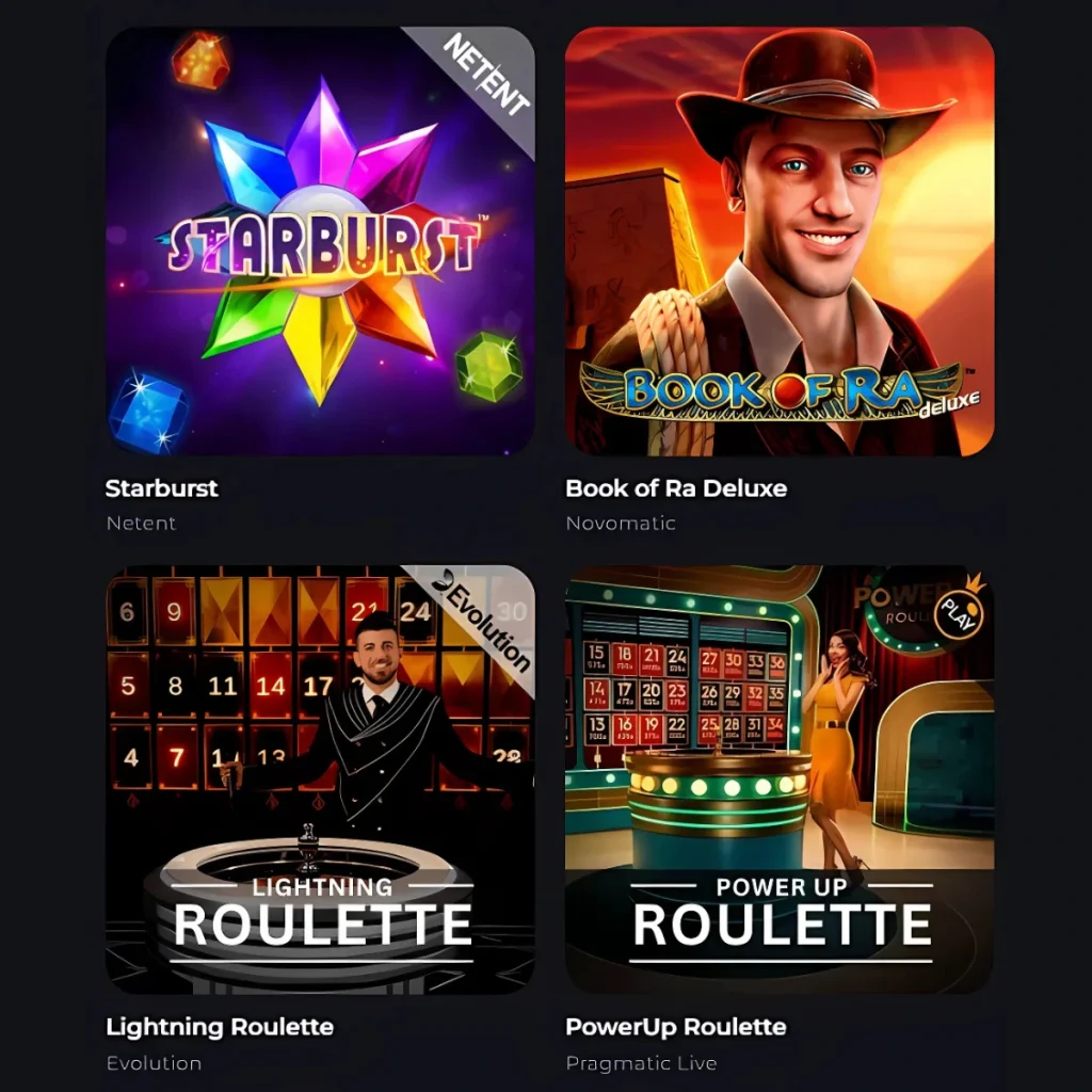 Popular games at BDM Bet Casino including Starburst and Book of Ra.