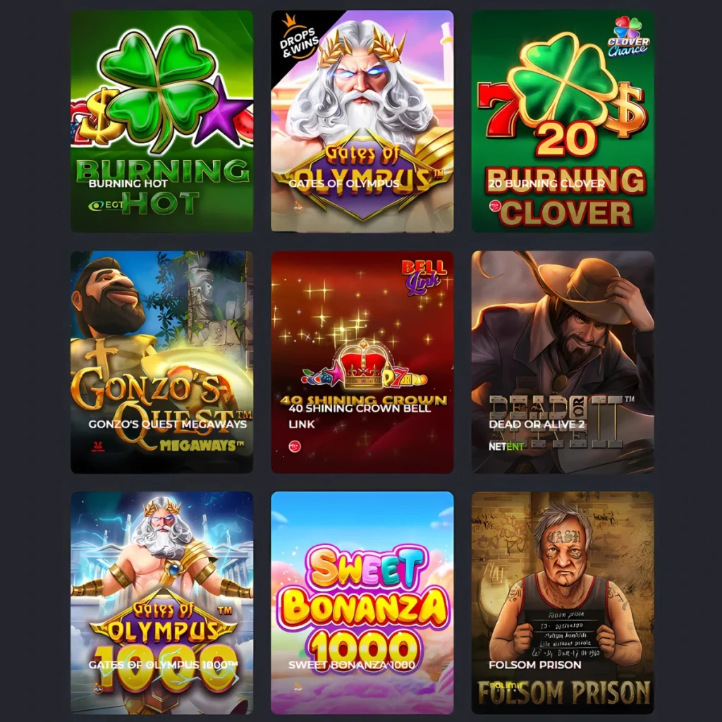 Popular slot games at BET Live Casino, including Gates of Olympus