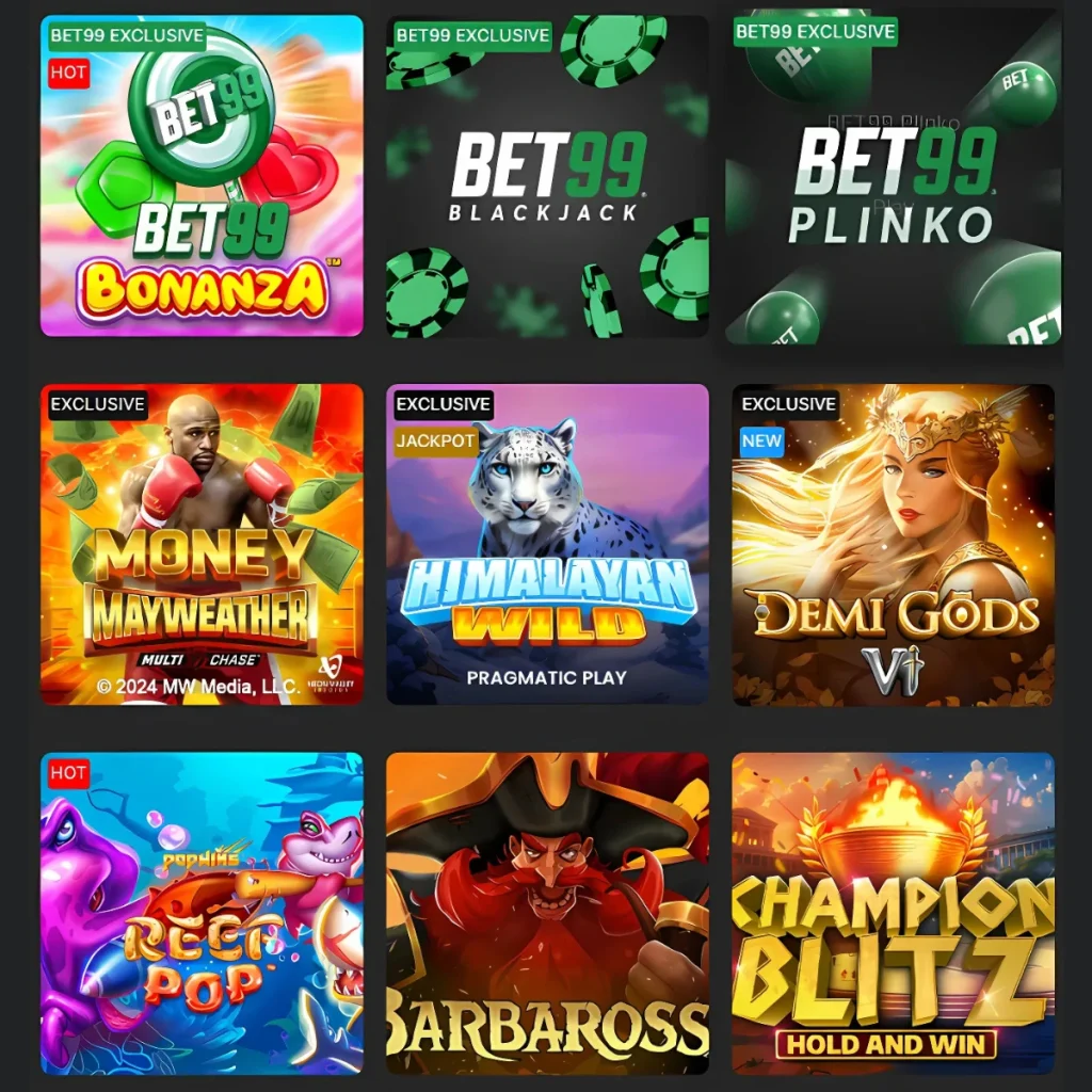 Selection of BET99 Casino exclusive games, including BET99 Blackjack, Himalayan Wild, and Demi Gods VI