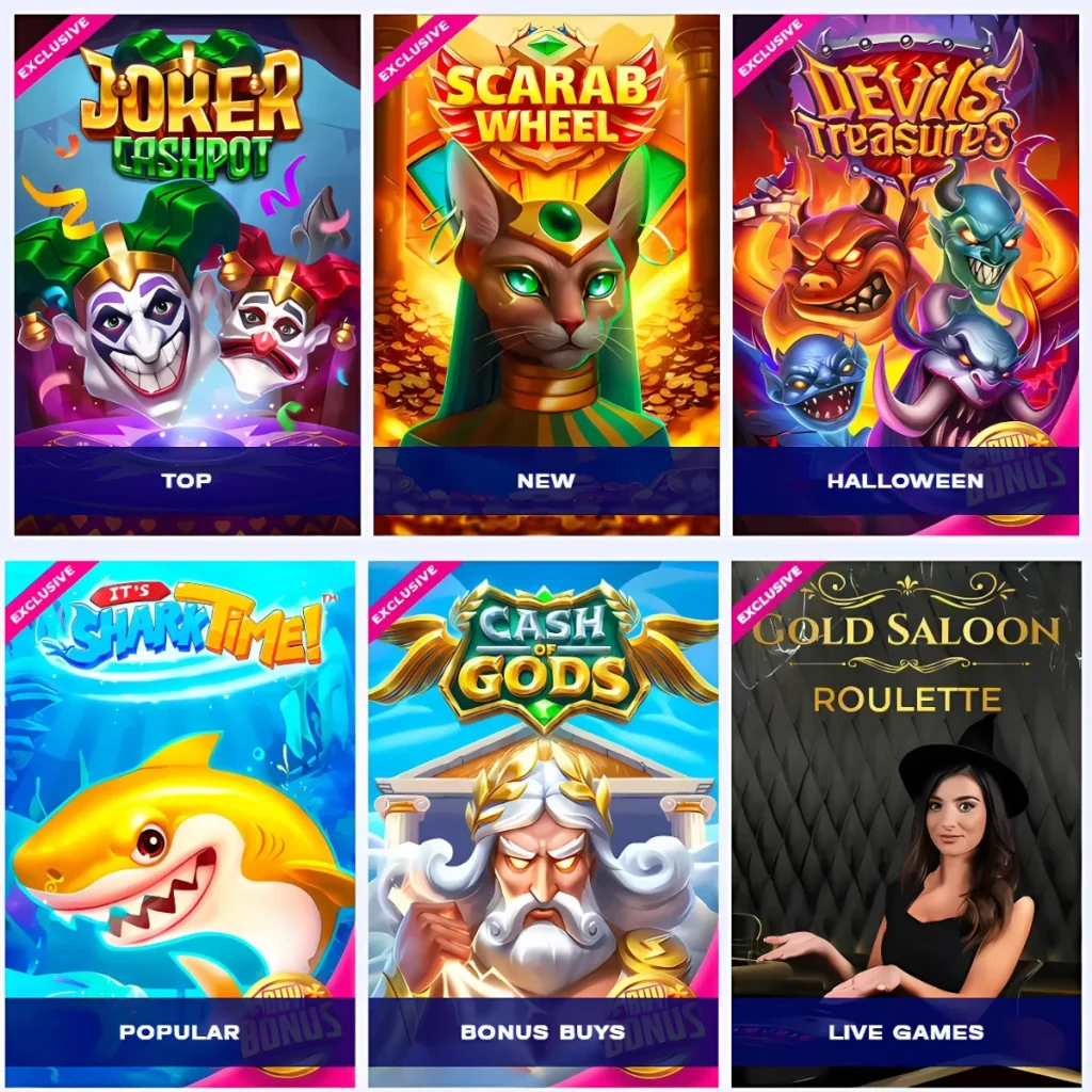 Popular game options at Bankonbet Casino, including Joker Cashpot and Scarab Wheel