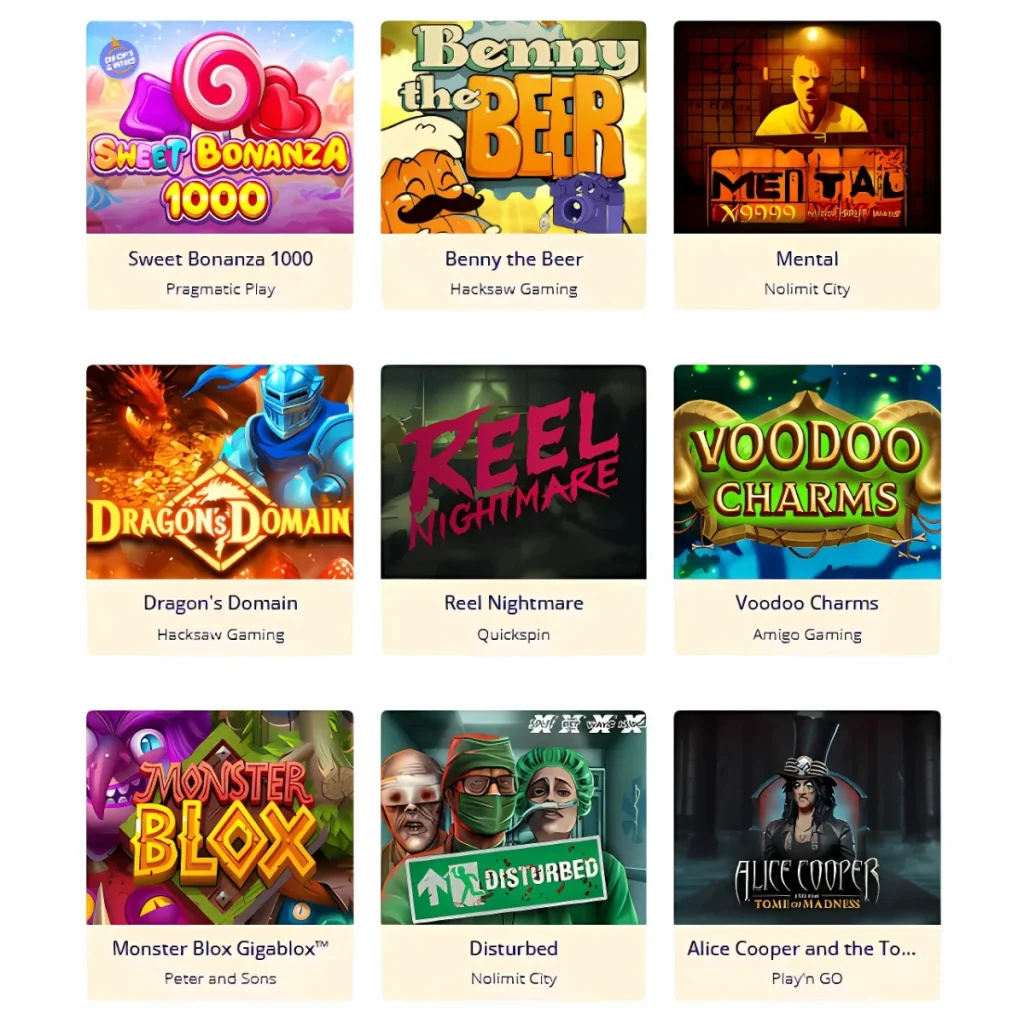 Banzai Casino games like Sweet Bonanza, Reel Nightmare, and Monster Blox.