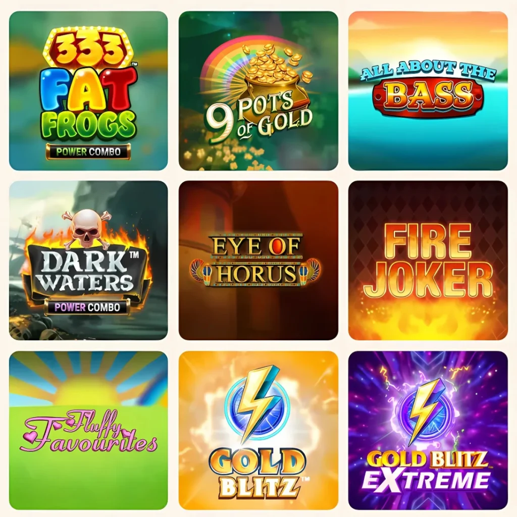 Popular games at Barbados Bingo Casino, including Fat Frogs and Fire Joker