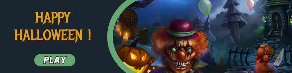 BeCasino Halloween promotion with spooky clown and pumpkins.