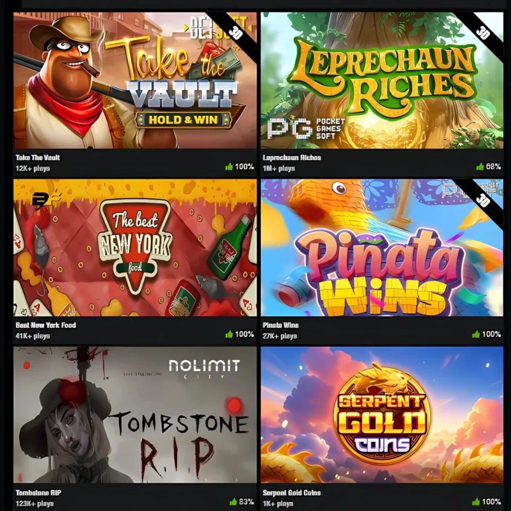 Popular Bet Swagger Casino games including Leprechaun Riches and Pinata Wins