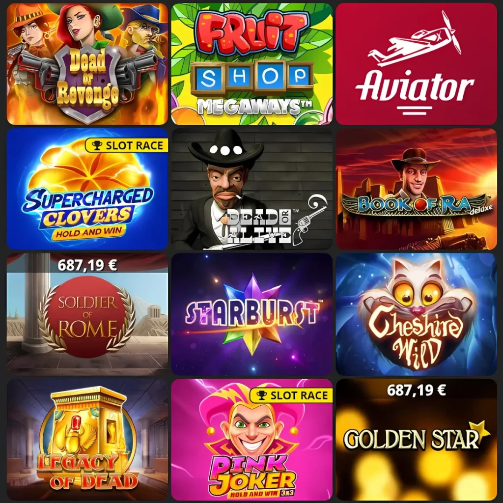 Popular games at Bet8 Casino, including Starburst and Book of Ra.