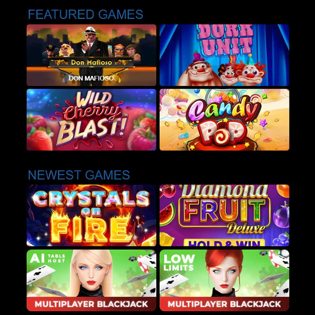 BetBit Casino's featured and newest games, including Don Mafioso and Candy Pop.