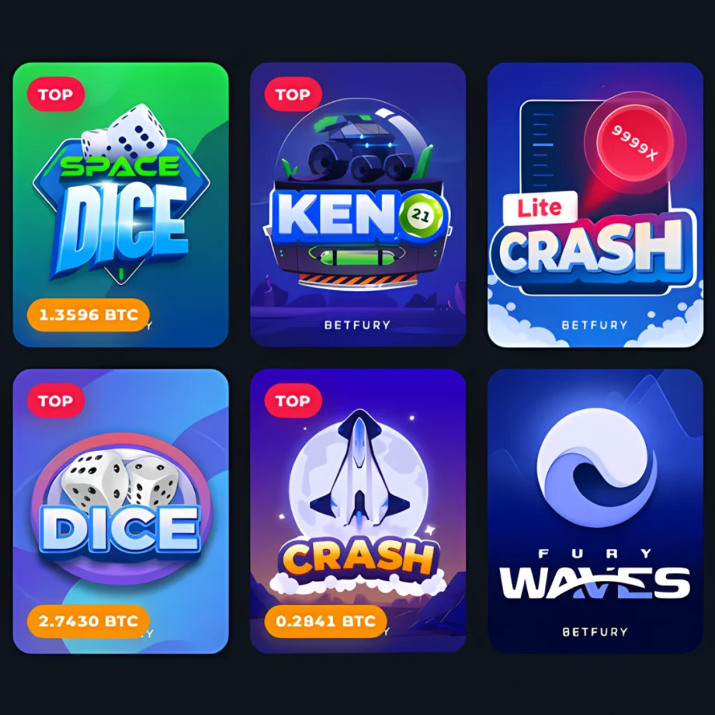 Top BetFury Casino games including Space Dice, Keno, and Fury Waves