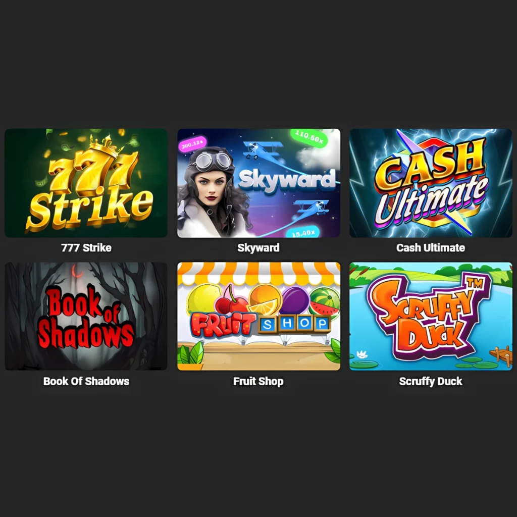 Selection of BetOlimp Casino games including '777 Strike,' 'Skyward,' 'Cash Ultimate,' 'Book of Shadows,' 'Fruit Shop,' and 'Scruffy Duck.'